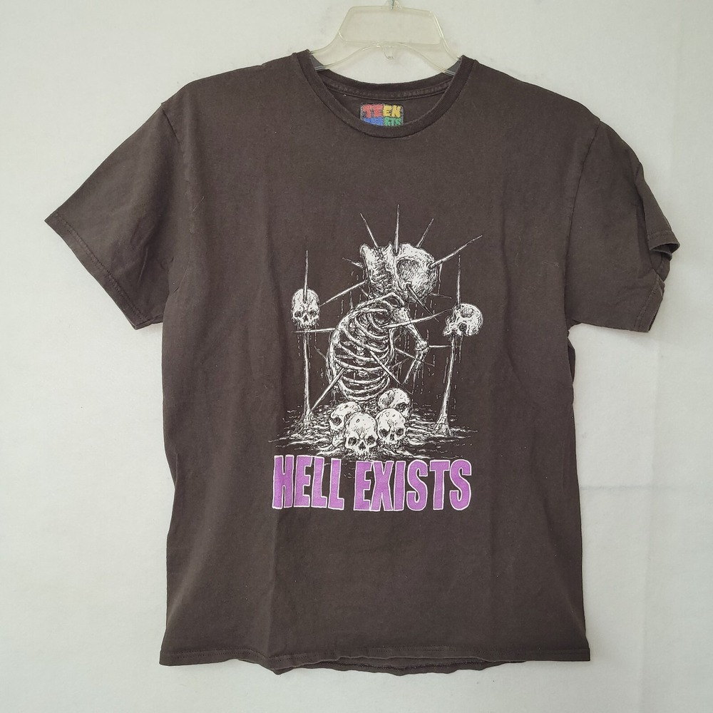 Teen Hearts Hell Exists Skeleton Skull Graphic T-Shirt Mens Large Brown Goth Alt